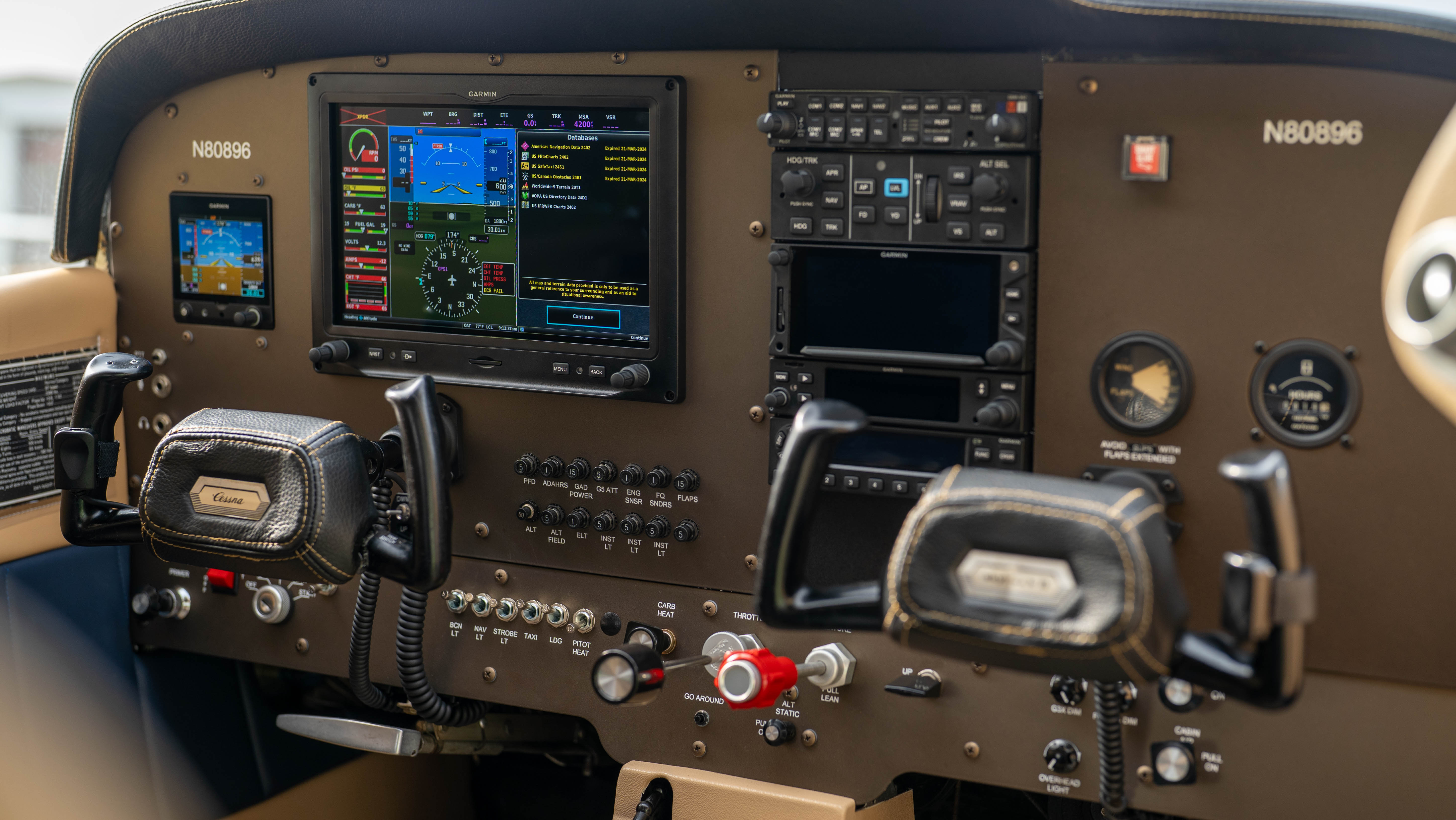 A close view of a training aircraft instrument panel and yokes.
